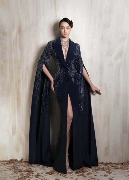 Navy tailored gown with a blazer-style bodice