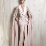 Blush Pink tailored gown with a structured blazer-style bodice