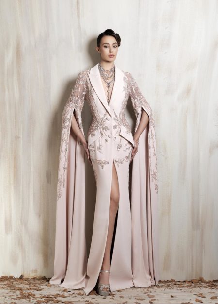 Blush Pink tailored gown with a structured blazer-style bodice