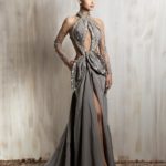 Taupe draped gown with a halter neckline