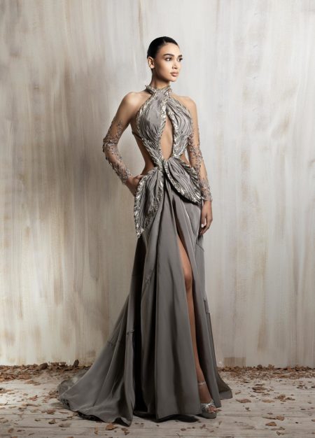 Taupe draped gown with a halter neckline