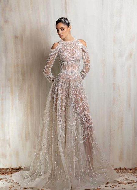 Sheer off - white gown with high neckline