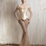 Champagne corset gown with sheer beaded mermaid skirt
