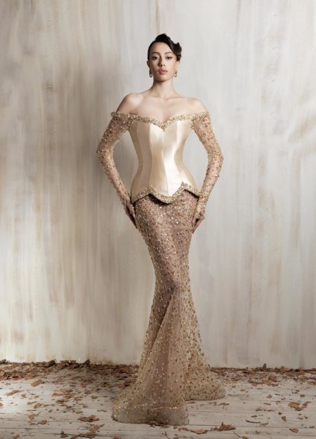 Champagne corset gown with sheer beaded mermaid skirt