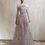 Dusty lavender beaded tulle gown with off-shoulder neckline and sheer sleeves