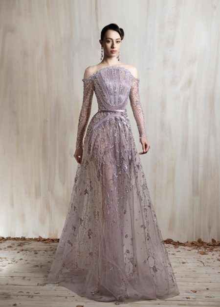 Dusty lavender beaded tulle gown with off-shoulder neckline and sheer sleeves