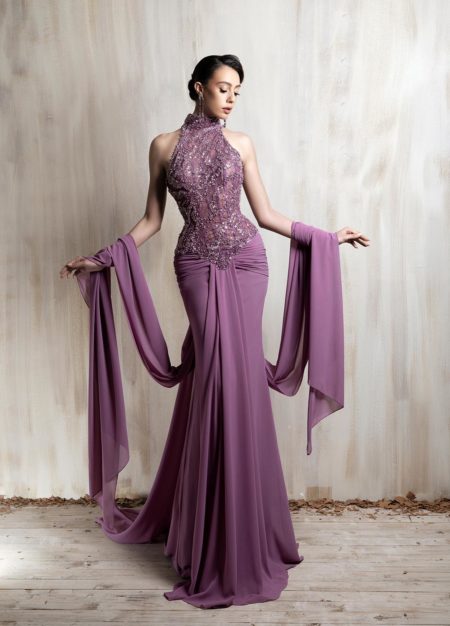 Mauve draped gown with beaded halter bodice and flowing scarf sleeves