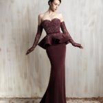 Burgundy off-shoulder gown with beaded bodice and  peplum waist