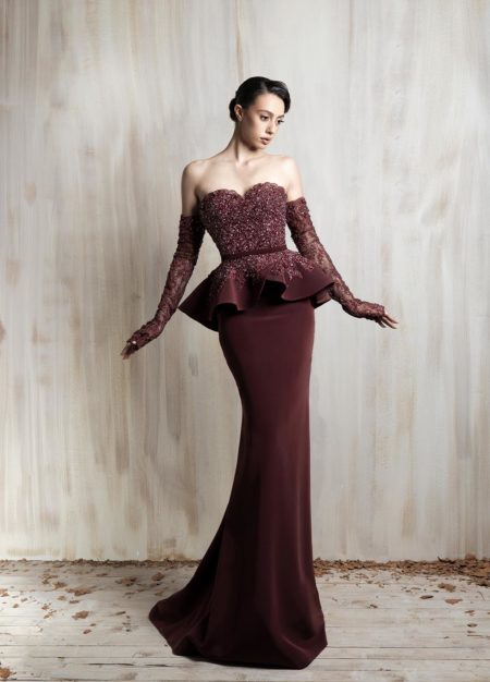 Burgundy off-shoulder gown with beaded bodice and  peplum waist