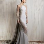 Light Grey illusion gown with gold embellishments and fitted silhouette