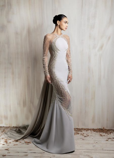 Light Grey illusion gown with gold embellishments and fitted silhouette