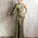 Asymmetric olive green gown with a one-shoulder draped sleeve