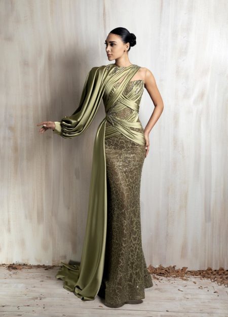 Asymmetric olive green gown with a one-shoulder draped sleeve