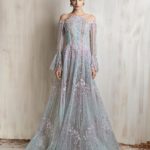 Off-shoulder pastel aqua and pink gown with sheer illusion bodice