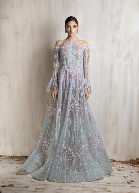 Off-shoulder pastel aqua and pink gown with sheer illusion bodice